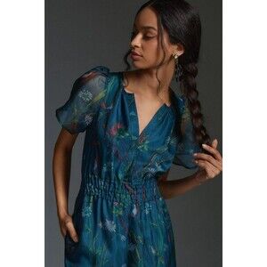Anthropologie The Somerset Jumpsuit Silk Edition Blue Floral Size Small